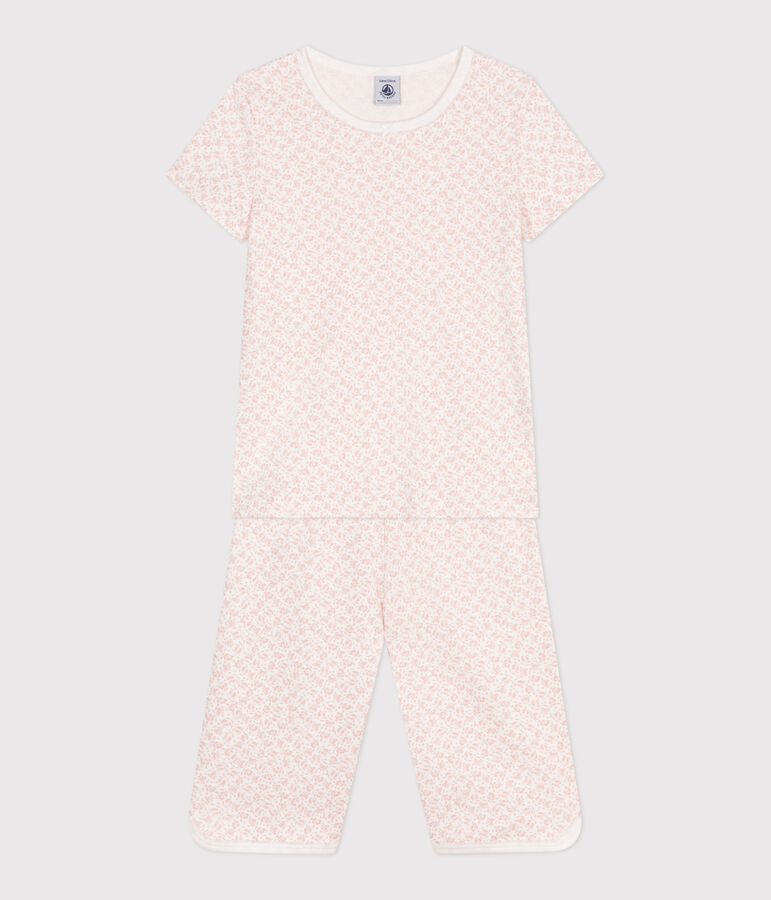 Pijama pirata infantil de algod&oacute;n con estampado de flores blanco/rosa