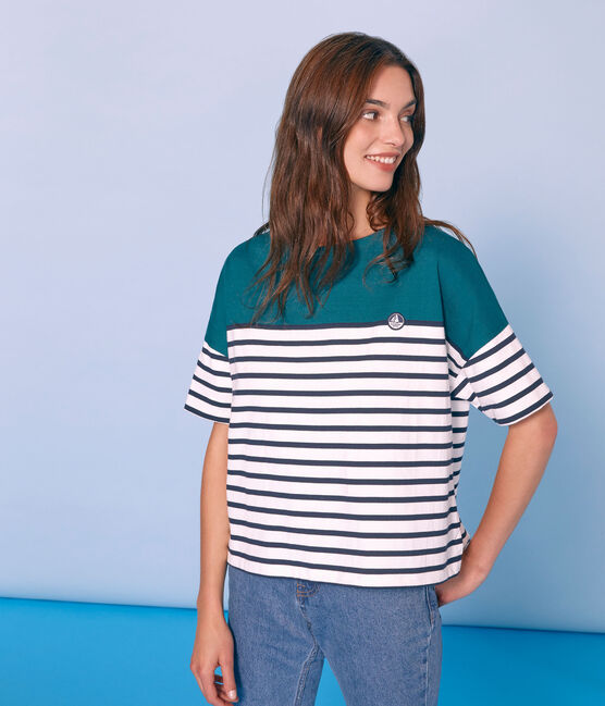 Jersey marinero manga corta para mujer verde PINEDE/blanco MARSHMALLOW/ SMOKING