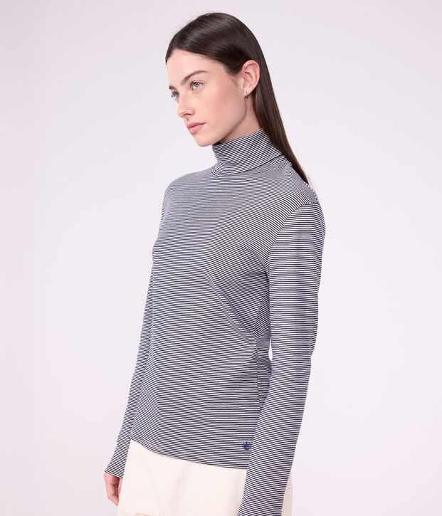 Camiseta Iconique de cuello vuelto de algod&oacute;n para mujer azul/blanco