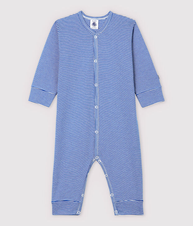 Pijama enterizo sin pies de rayas azules de algod&oacute;n de beb&eacute; azul/blanco