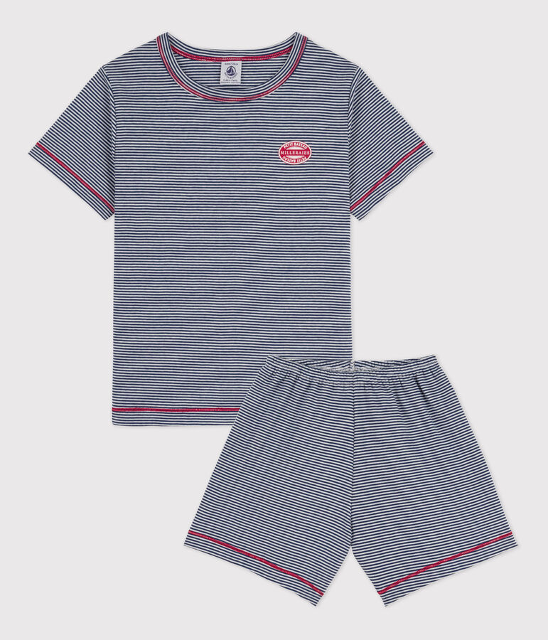 Pijama corto de algod&oacute;n milrayas para ni&ntilde;o azul/blanco
