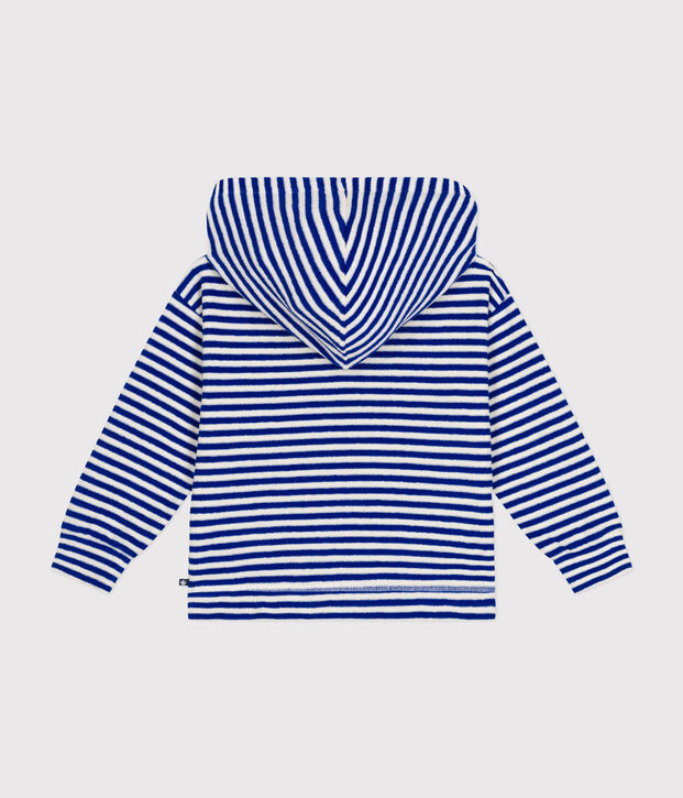 Sudadera infantil de rizo a rayas con capucha azul/crudo
