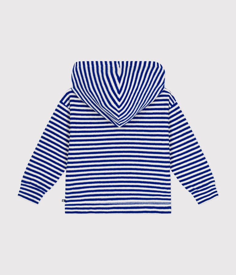 Sudadera infantil de rizo a rayas con capucha azul/crudo