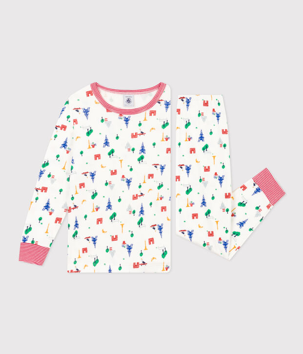Pijama infantil de algod&oacute;n con estampado de Par&iacute;s blanco/azul/multicolor