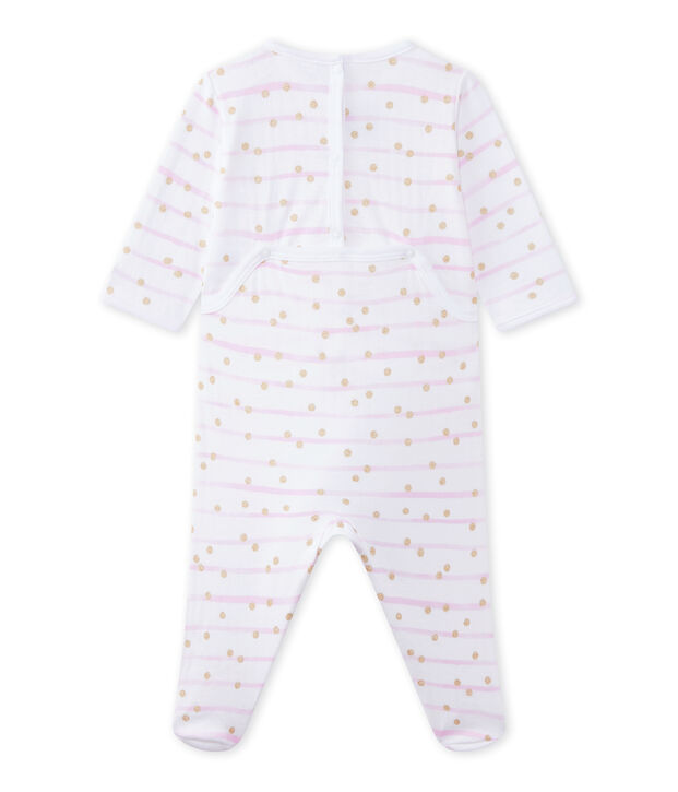 Pijama en t&uacute;bico rayado para beb&eacute; ni&ntilde;a blanco/rosa/amarillo