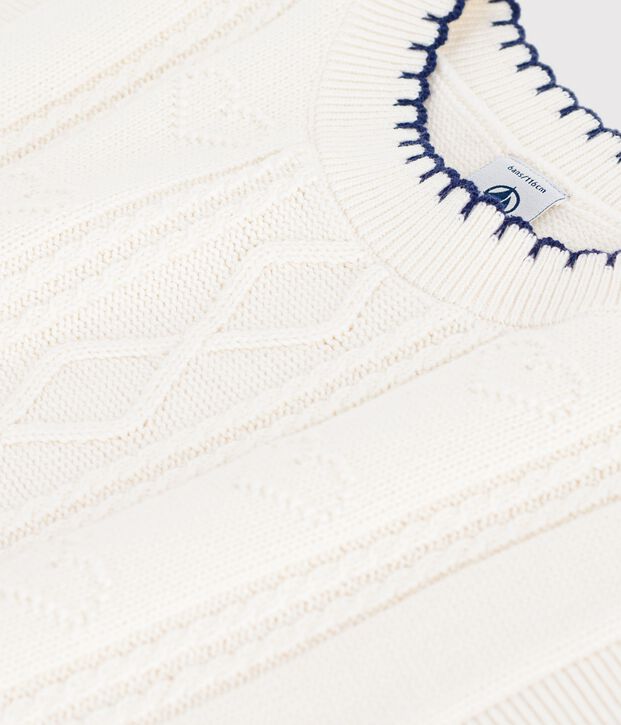 Jersey infantil sin mangas de lana y algod&oacute;n con detalle trenzado blanco