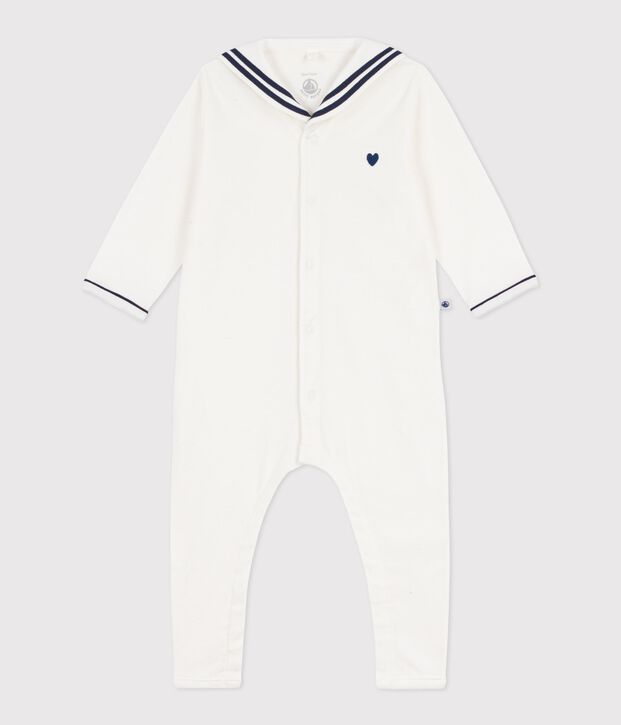 Pijama de algod&oacute;n sin pies con cuello de uniforme para beb&eacute; blanco
