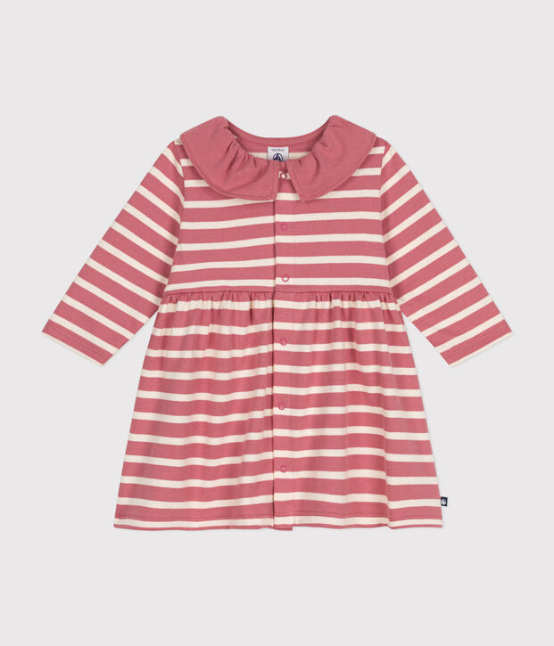 Vestido de manga larga de punto jersey grueso de beb&eacute; rosa/crudo