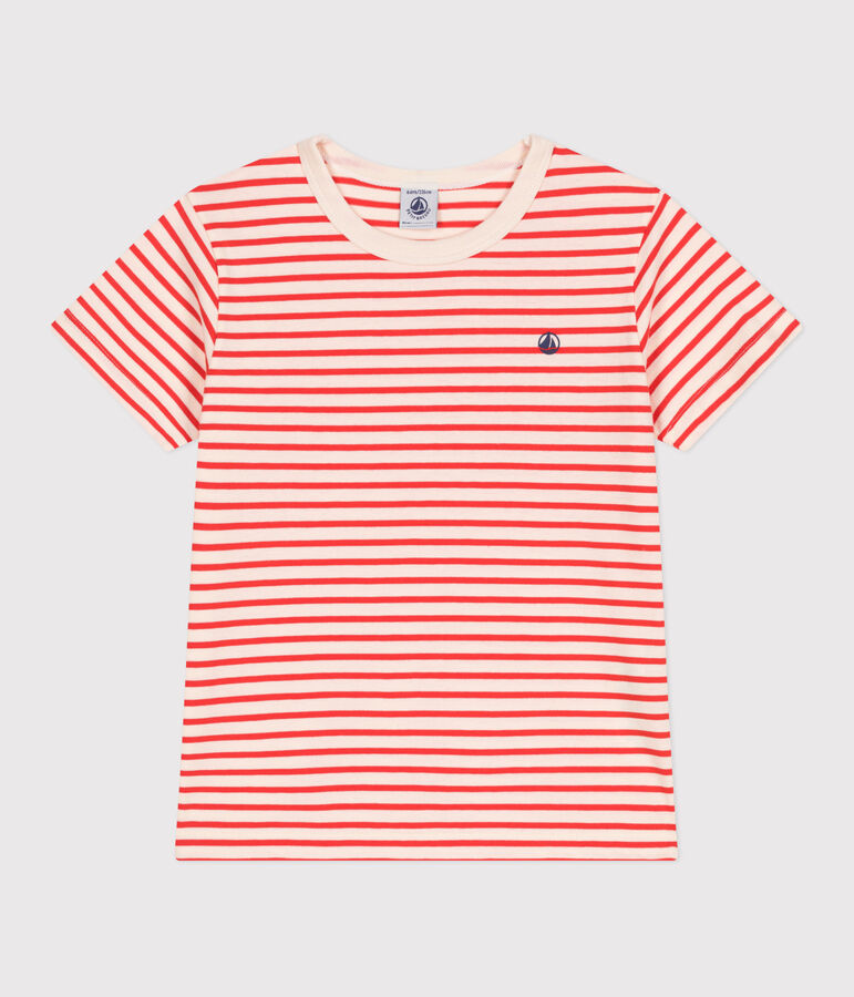 Camiseta infantil de manga corta de algod&oacute;n con rayas crudo/rojo