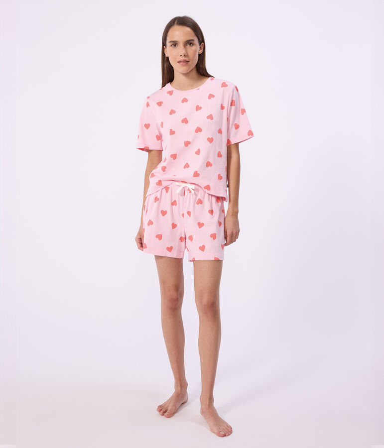 Pijama corto de algod&oacute;n con estampado de corazones para mujer rosa/naranja