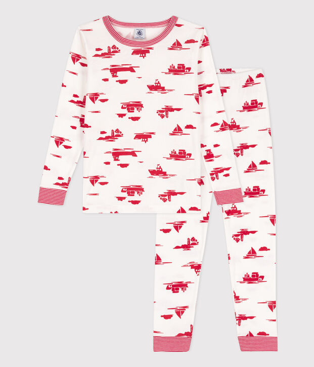Pijama de algod&oacute;n ajustado para ni&ntilde;o/ni&ntilde;a blanco/rojo