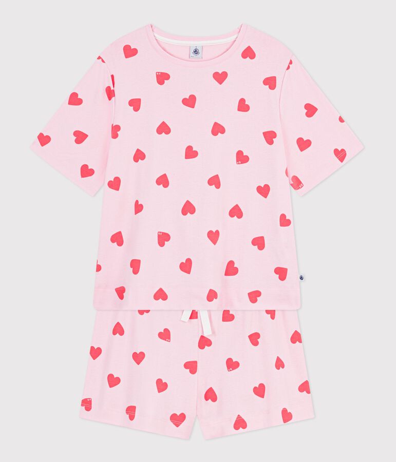 Pijama corto de algod&oacute;n con estampado de corazones para mujer rosa/naranja