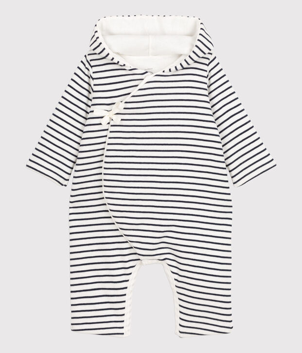 Mono largo de algod&oacute;n con capucha y rayas marineras para beb&eacute; blanco/azul