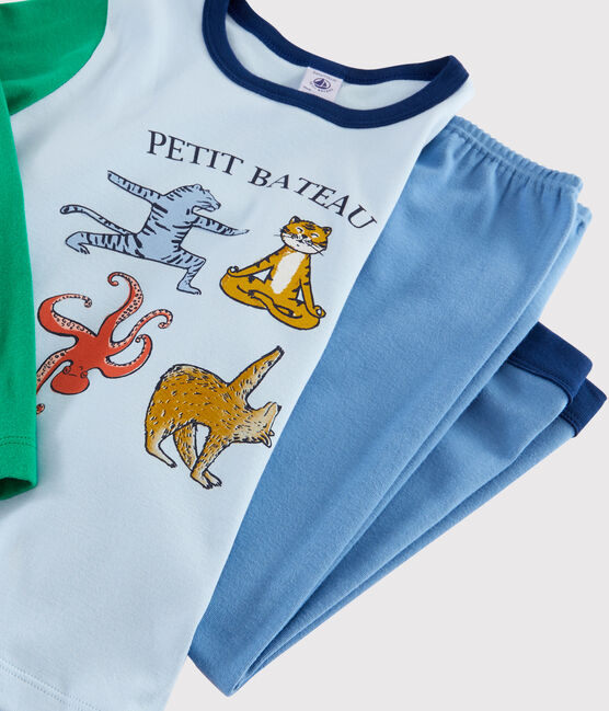 Pijama de animales de yoga de niño pequeño con acanalado azul ALASKA/blanco MULTICO