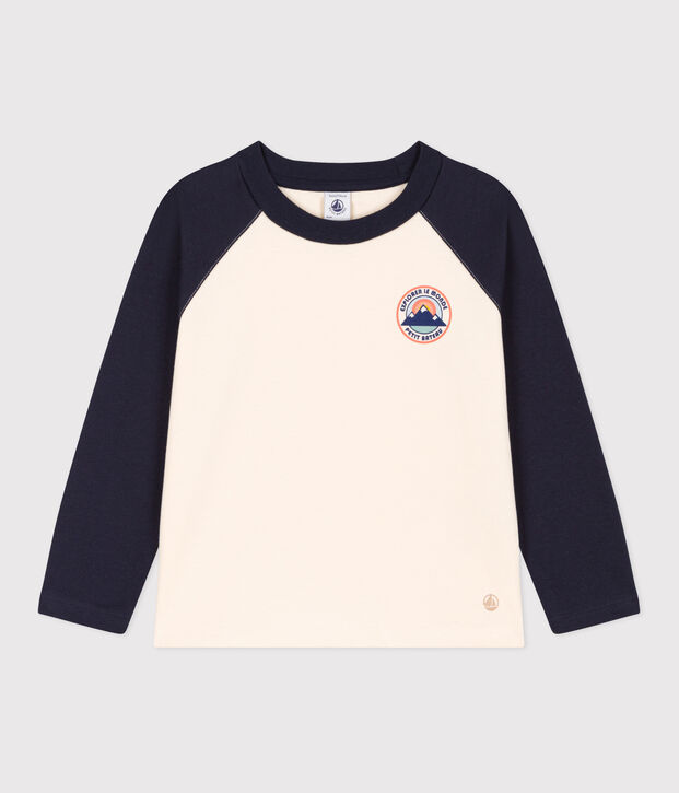 Camiseta de algod&oacute;n de manga larga de ni&ntilde;o crudo/azul