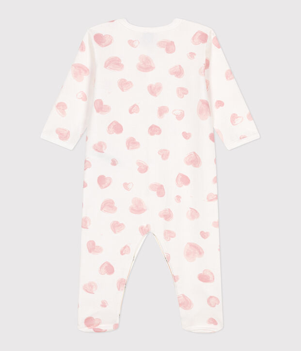 Pijama de felpa cepillada con cuello estampado de corazones para beb&eacute; blanco/rosa