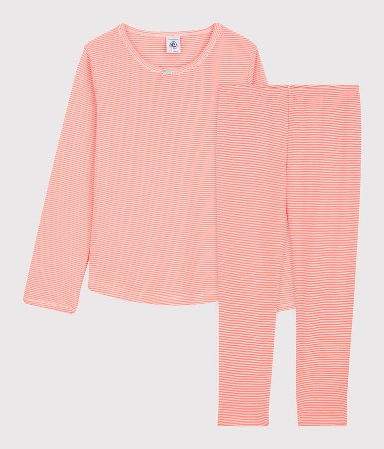 Pijama milrayas de ni&ntilde;a de algod&oacute;n naranja/blanco