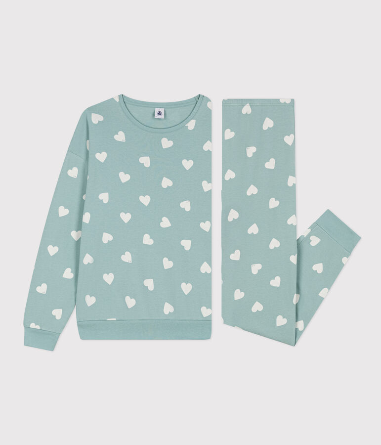 Pijama de algod&oacute;n con coraz&oacute;n para mujer verde/crudo