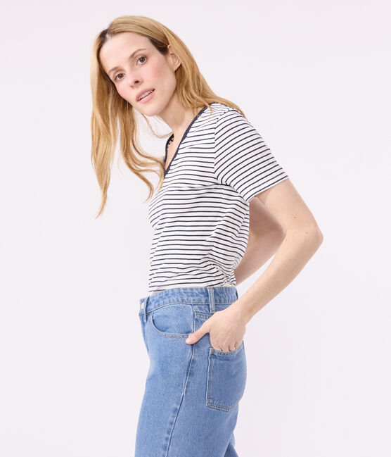 Camiseta La Icónica de algodón a rayas con cuello de pico para mujer blanco MARSHMALLOW/azul SMOKING