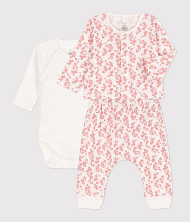 Conjunto de 3 piezas de beb&eacute; con estampado de Hawai de algod&oacute;n ecol&oacute;gico blanco/rosa