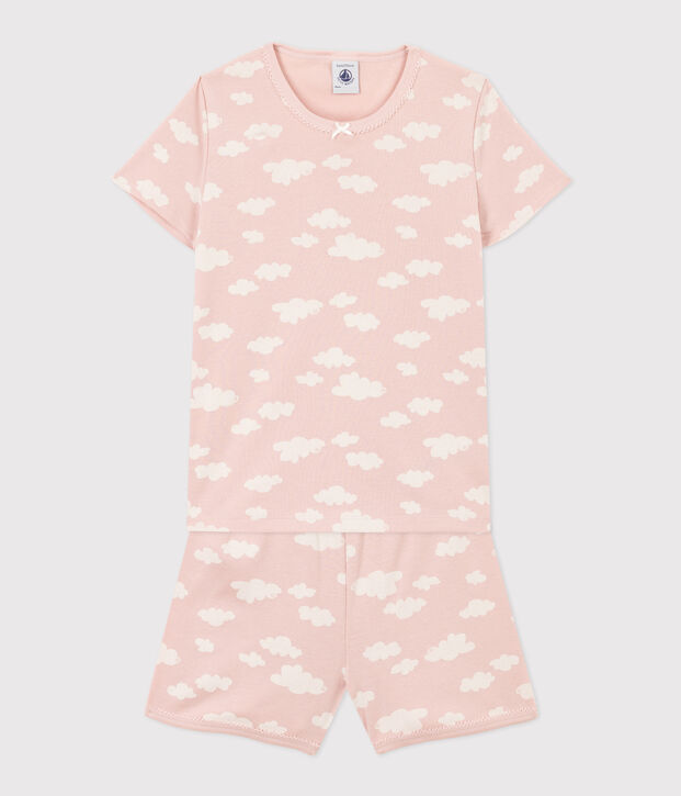 Pijama corto de algod&oacute;n con nubes para ni&ntilde;a rosa/blanco
