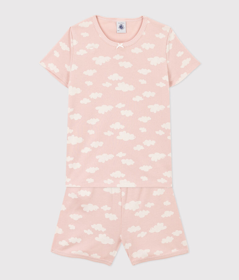 Pijama corto de algod&oacute;n con nubes para ni&ntilde;a rosa/blanco