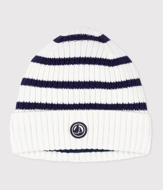 Gorro infantil de punto tricotado a rayas con forro polar azul MARSHMALLOW/ SOIR