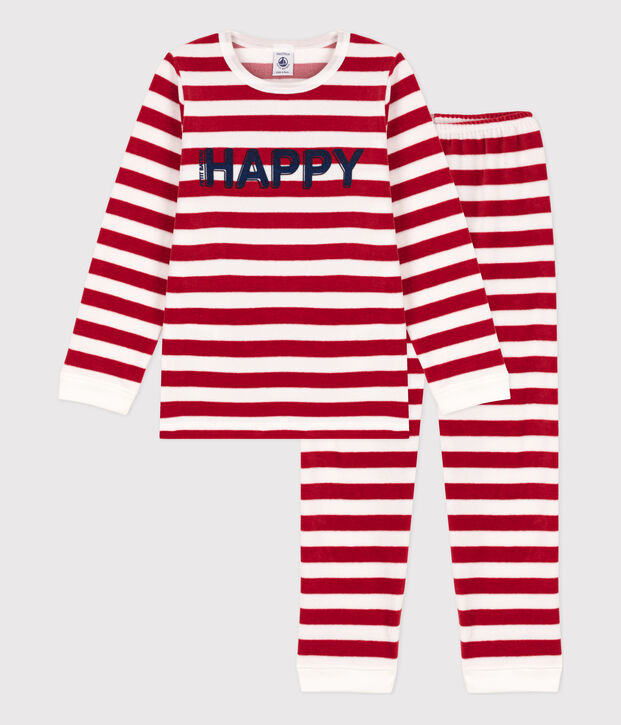 Pijama de terciopelo a rayas para ni&ntilde;o/ni&ntilde;a rojo/blanco