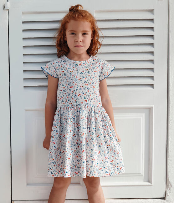 Vestido infantil de algodón de manga corta con flores blanco MARSHMALLOW/blanco MULTICO