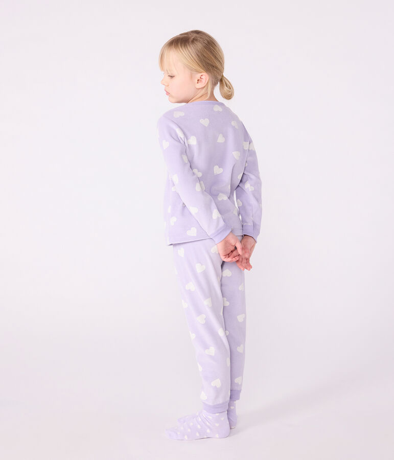 Pijama infantil de terciopelo con estampado de corazones violeta/blanco