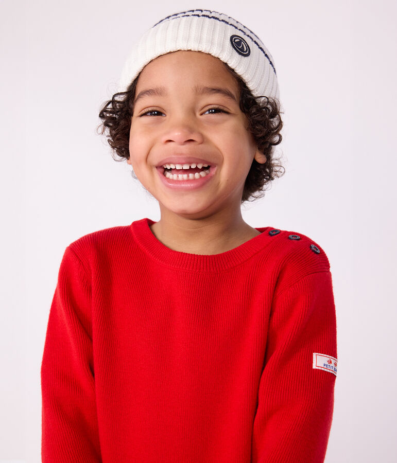 Gorro infantil de punto tricotado a rayas con forro polar azul/azul