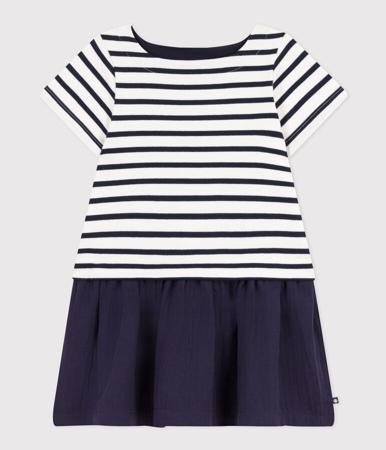 Vestido de manga corta de punto grueso y gasa de algod&oacute;n para ni&ntilde;a blanco/azul