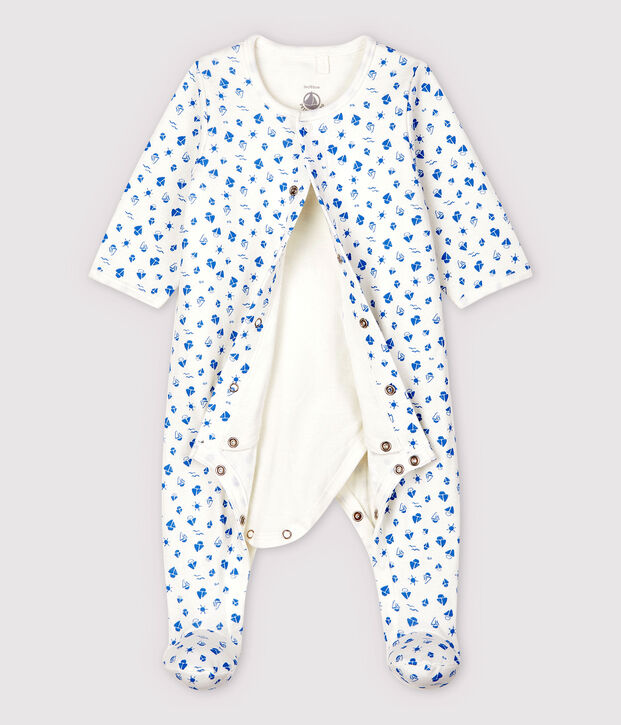 Bodyjama con estampado de barcos de beb&eacute; en tejido tubular de algod&oacute;n ecol&oacute;gico blanco/azul