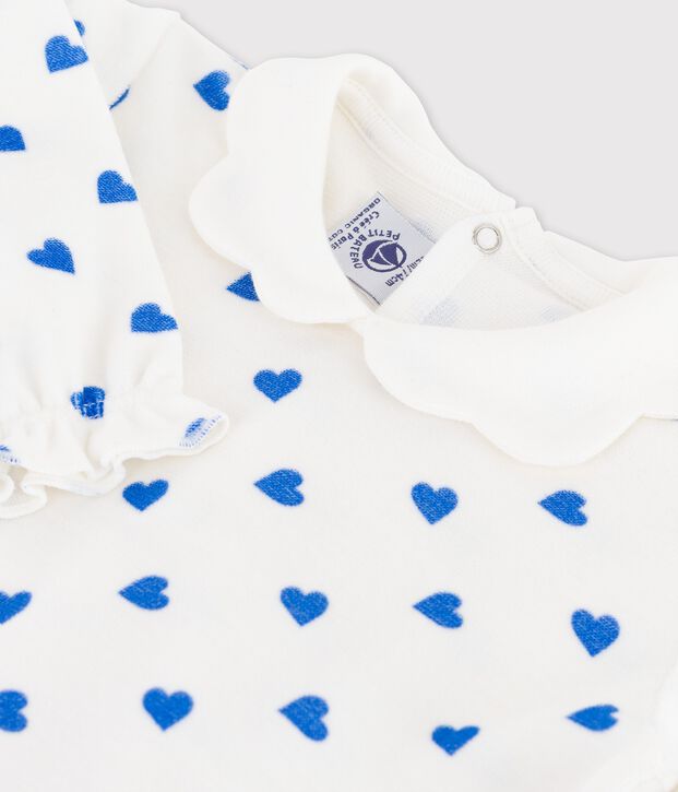Pelele con corazoncitos azules de terciopelo de beb&eacute; blanco/azul