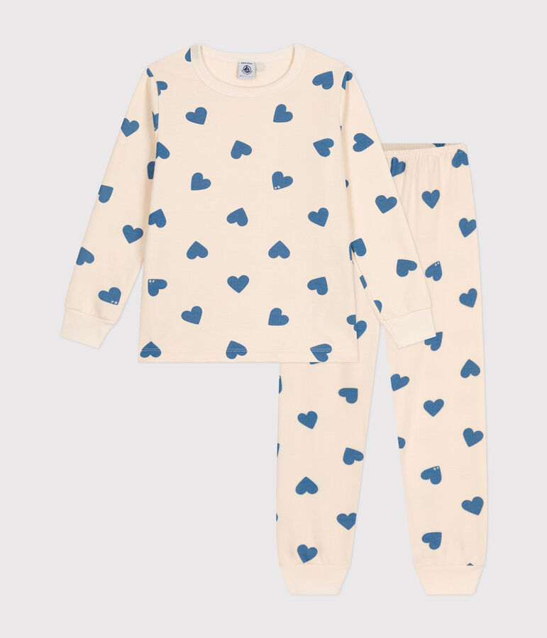 Pijama infantil de felpa cepillada con estampado de corazones crudo/azul