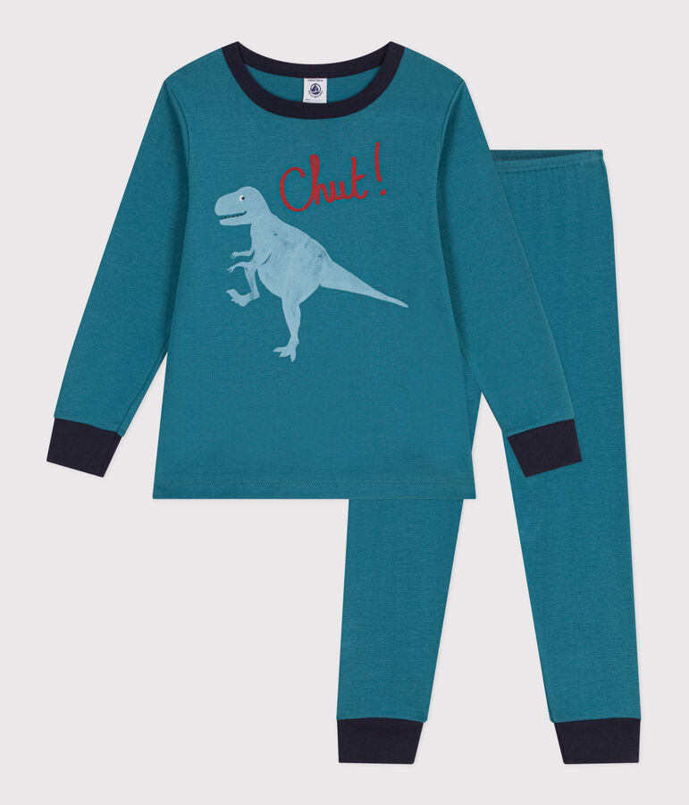 Pijama infantil de manga larga de algod&oacute;n dinosaurio verde