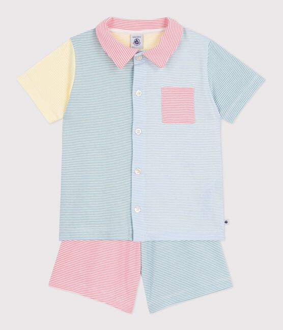 Pijama infantil corto abotonado de algodón a rayas blanco MARSHMALLOW/blanco MULTICO