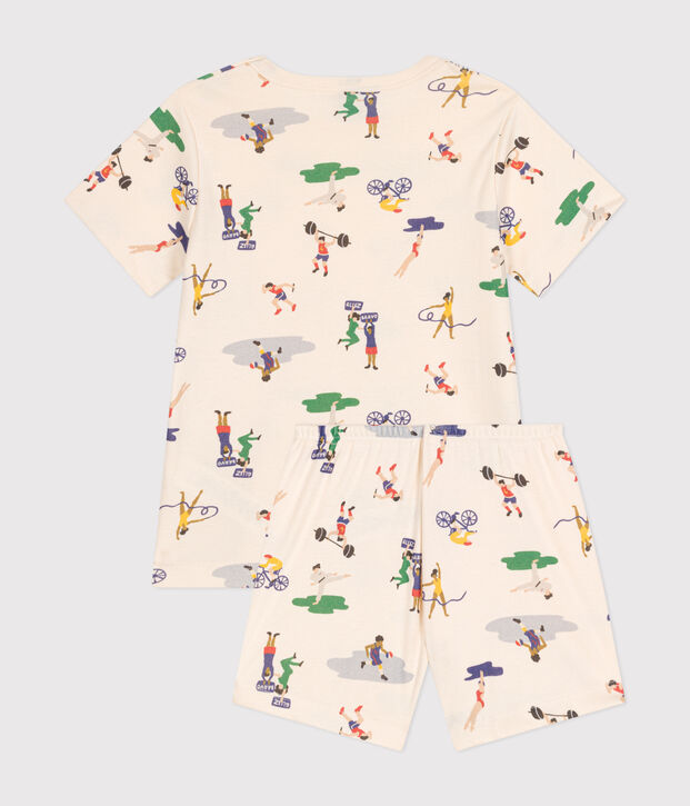 Pijama infantil corto de algod&oacute;n con estampado de deportes crudo/multicolor