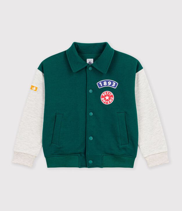 Chaqueta teddy infantil lisa colorblock de algod&oacute;n verde/beige