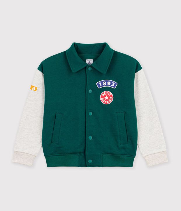 Chaqueta teddy infantil lisa colorblock de algod&oacute;n verde/beige