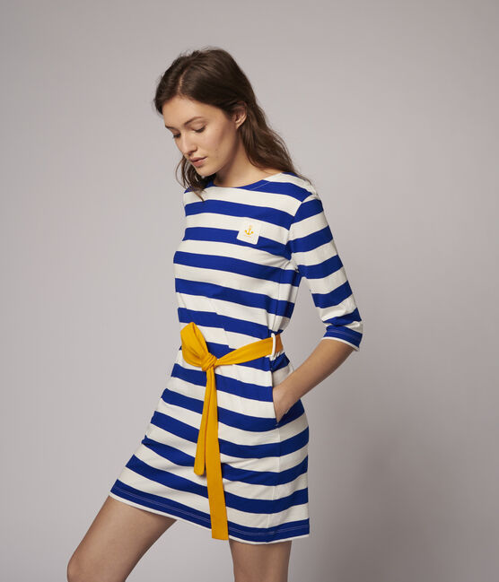 Vestido de rayas de manga larga de mujer azul SURF/blanco MARSHMALLOW