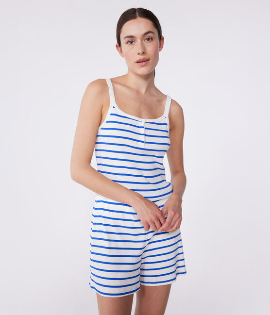 Pijama corto de algodón de tirantes a rayas para mujer blanco MARSHMALLOW/azul PERSE