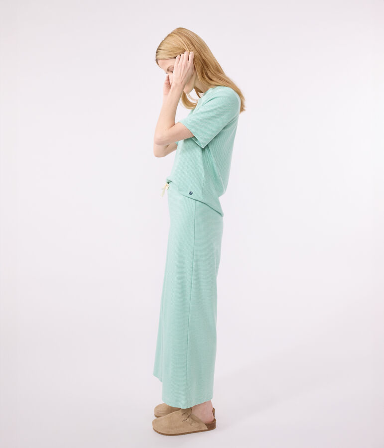 Pijama de algod&oacute;n a rayas de pernera ancha para mujer verde/blanco