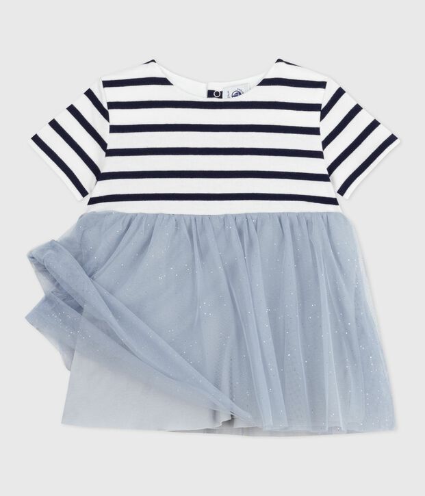 Vestido de dos materiales de manga corta para beb&eacute; azul/multicolor