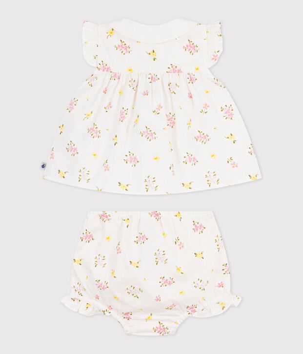 Conjunto de 2 piezas de algod&oacute;n con blusa y pololo estampados de flores para beb&eacute; blanco/multicolor