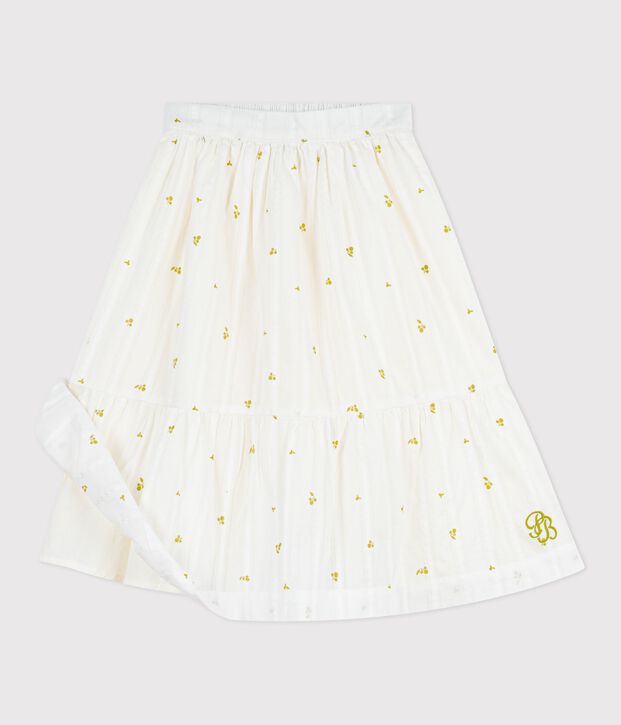 Falda larga infantil de algod&oacute;n con estampado de flores blanco/verde