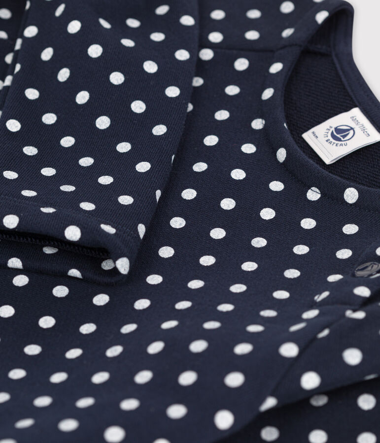 Vestido con lunares de mulet&oacute;n de manga larga de ni&ntilde;a azul/crudo