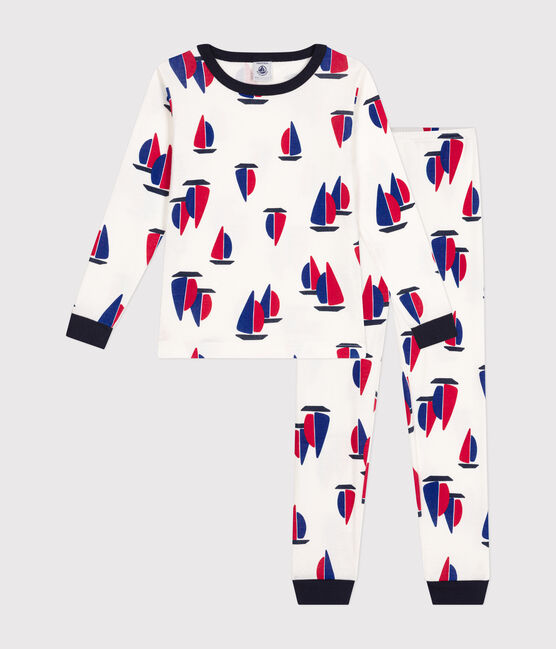 Pijama infantil ajustado de algodón con estampado de barcos blanco MARSHMALLOW/blanco MULTICO