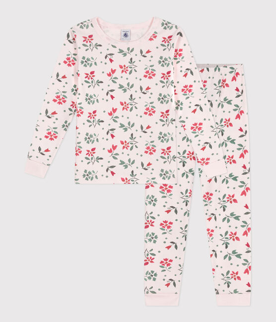 Pijama infantil muy ajustado de algodón con flores rosa FLEUR/blanco MULTICO