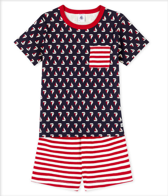 Pijama corto de punto de algodón para niño azul SMOKING/blanco MULTICO